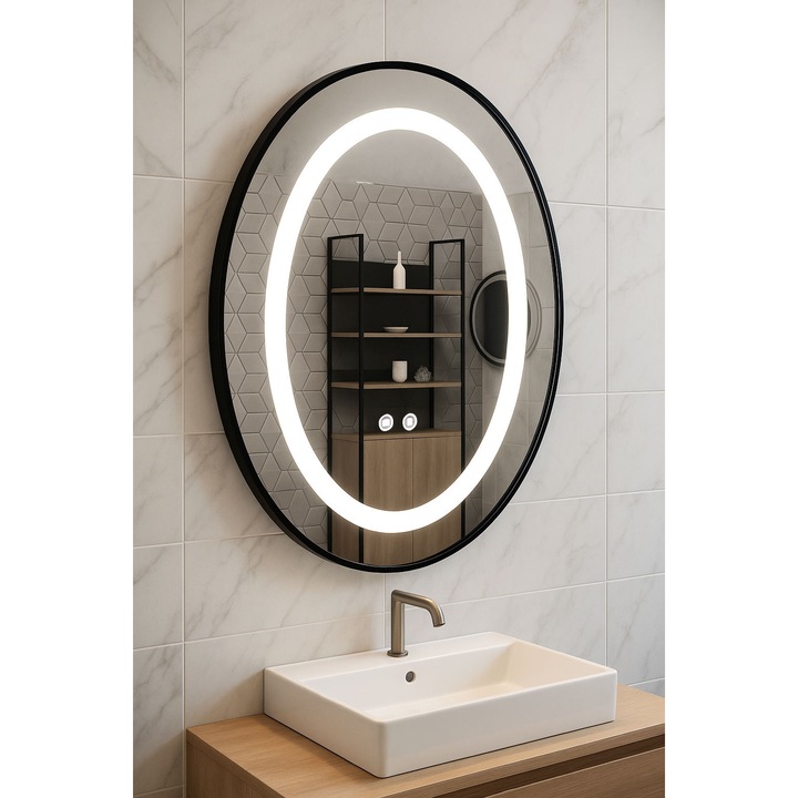 Oglinda cu iluminare LED si functie dezaburire, BadenMob, MD3, rama neagra, 50x70cm