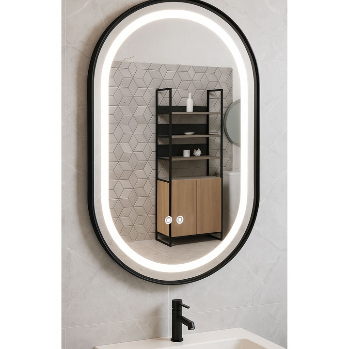 Oglinda cu iluminare LED si functie dezaburire, BadenMob, MD3, rama neagra, 50x80cm