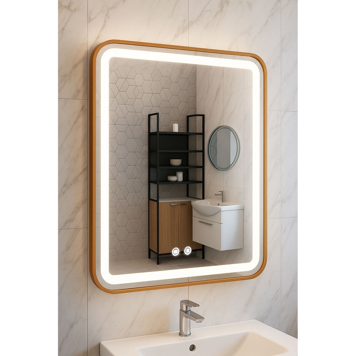 Oglinda cu iluminare LED si functie dezaburire, BadenMob, rama aurie, MD3, 60x80cm