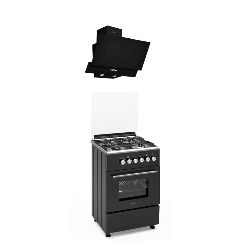 Pachet aragaz clasic 4 arzatoare gaz Studio Casa Glam Marco si Hota decorativa sticla neagra, Cuptor gaz, 57 x 57 cm, Rotisor, Ventilator, Grill gaz, Aprindere electrica, Gratare fonta, Negru