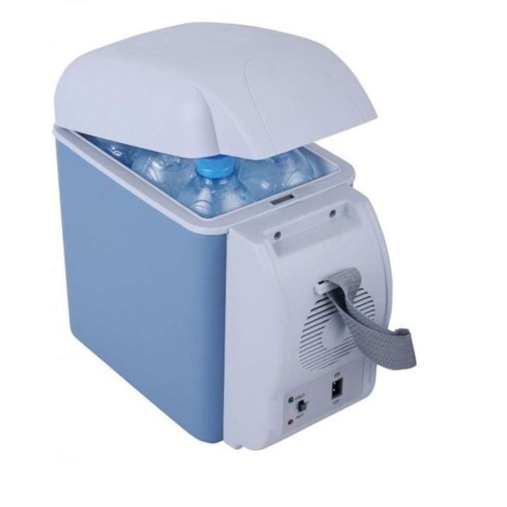 Frigider auto portabil, capacitate 7.5 l, functie de racire si incalzire, dimensiunea exterioara 27 cm x 32 cm x 17, 5 cm, dimensiuni interioare 19, 5 cm x 21 cm x 15 cm, alb/albastru
