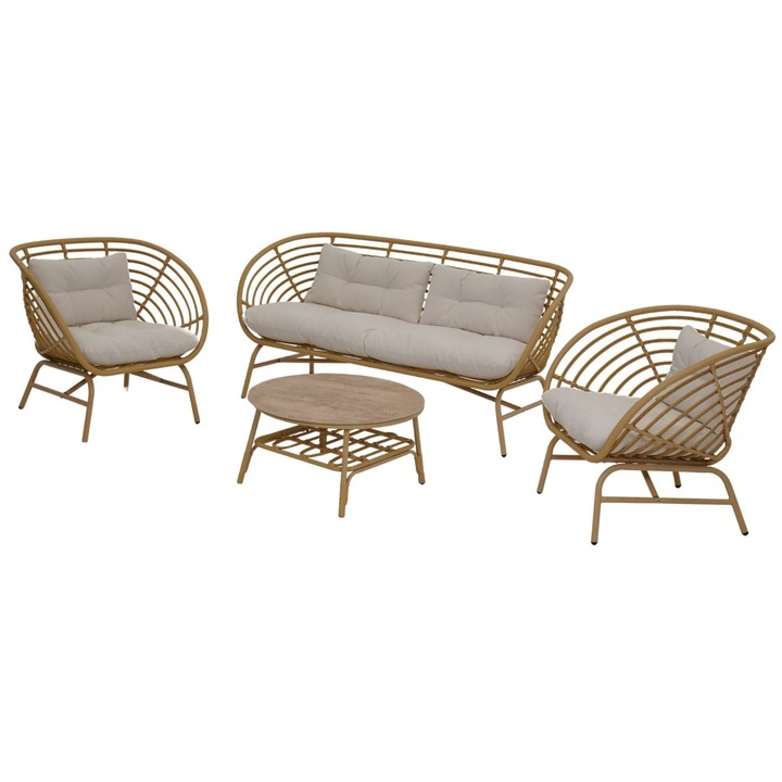 Set mobilier gradina DacEnergy©, realizat din rachita artificiala cu cadru metalic, 1 masa, 1 banca si 2 scaune, fix, 4 persoane, cu perne, maro si crem