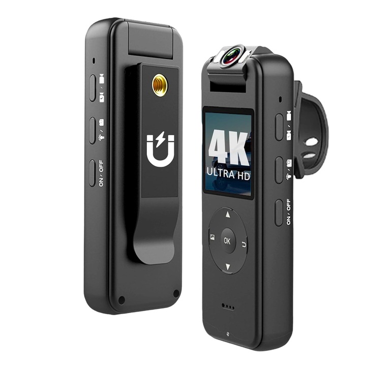 Спортна камера, външна, HD, преносима, 4k, 1.4-инчов екран, въртящ се на 180° обектив, запълваща светлина, 1400mAh, WiFi точка за достъп, със стойка, магнитна щипка за гръб, Type-C, Orber, черна