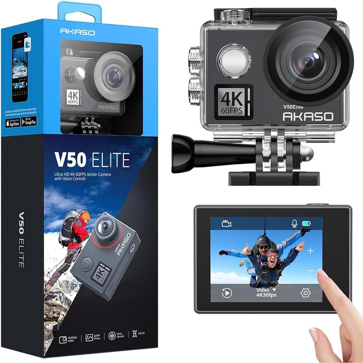 Camera de Actiune AKASO V50 Elite, 4K/60FPS, 20MP, Wi-Fi, Touchscreen, Stabilizare EIS, Zoom 8x, Telecomanda, Kit Accesorii, Waterproof 40m cu Carcasa