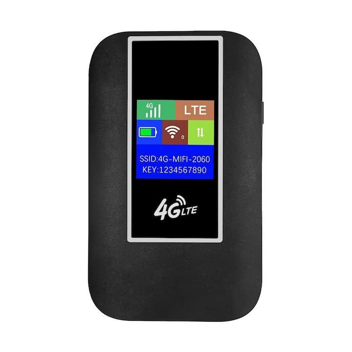 Hordozható WiFi Router, 4G, Átviteli sebesség 150 Mbps, Akár 10 eszköz egyidejű csatlakoztatása, 2100 mAh, 5-7 órás folyamatos használat, SIM kártya plug and play, Orber, Fekete