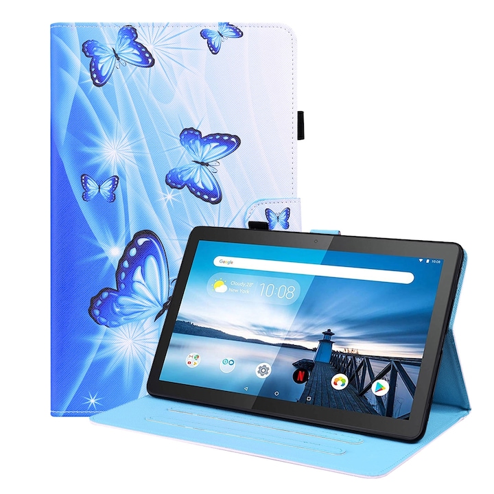 Husa tableta pentru Lenovo M10 FHD REL TB-X605FC / TB-X605LC, model cu model animal, din piele, tip carte cu suport si sloturi pentru carduri si cadru foto, Albastru