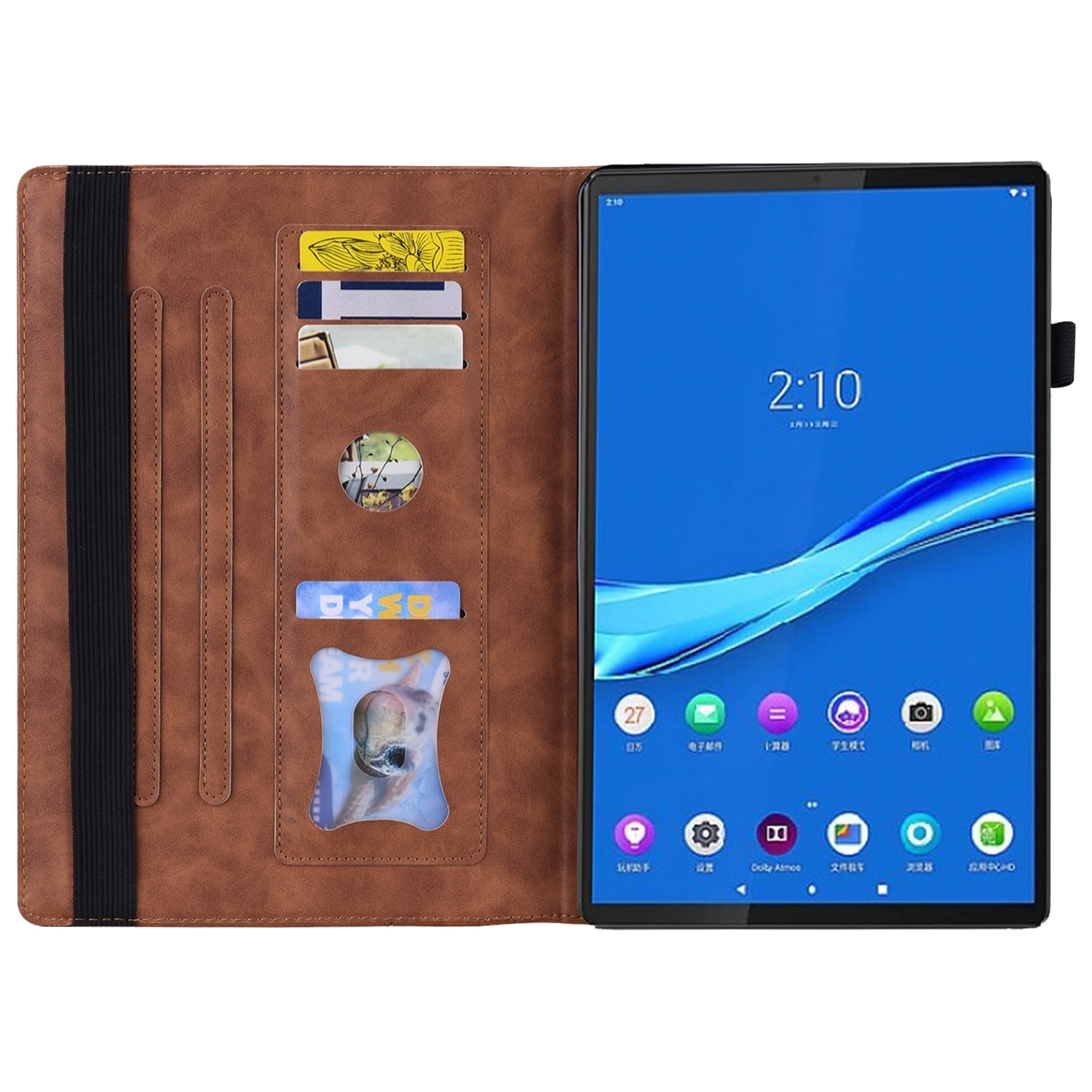 Husa tableta pentru Lenovo Tab M10 HD Gen 2 TB-X306F, in piele PU, tip carte cu suport, sloturi pentru carduri si fotograii, suport pentru creion, rezistent la socuri, maro
