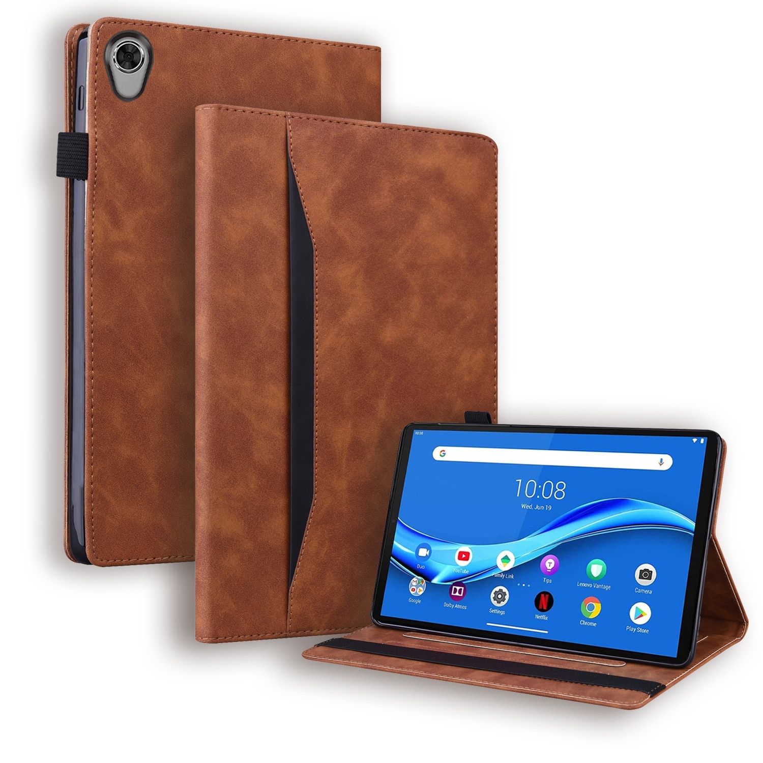 Husa tableta pentru Lenovo Tab M10 HD Gen 2 TB-X306F, in piele PU, tip carte cu suport, sloturi pentru carduri si fotograii, suport pentru creion, rezistent la socuri, maro