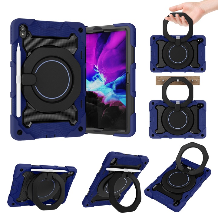 Husa tableta pentru Lenovo Tab P11, silicon + PC, cu design contrastant, protectie impotriva socurilor, suport, porturi accesibile, albastru inchis