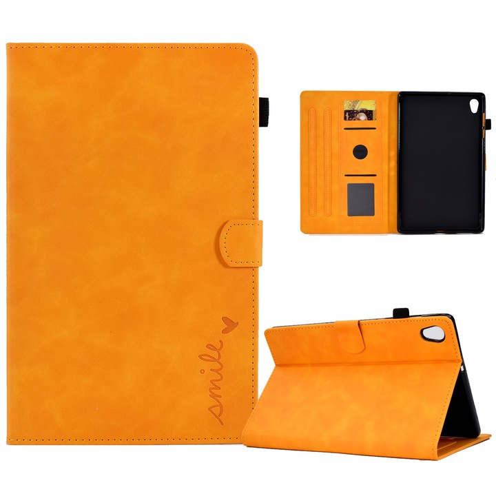 Husa tableta pentru Lenovo Tab M10 HD Gen 2, piele gravata cu zambet, tip carte, capac magnetic, protectie impotriva zgarieturilor, compatibila, culoare kaki