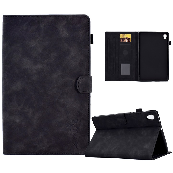 Husa tableta pentru Lenovo Tab M10 HD Gen 2, piele gravata cu zambet, tip carte cu suport, inchidere magnetica, negru