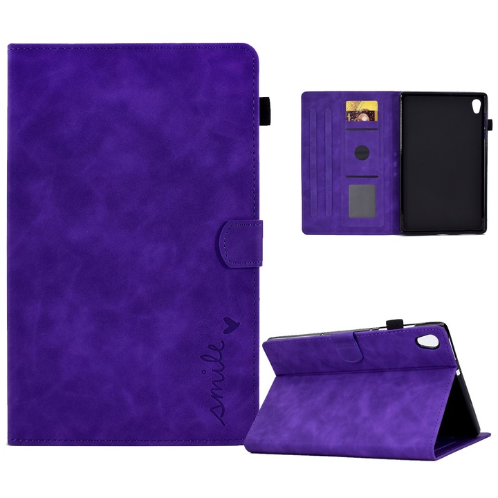 Husa tableta pentru Lenovo Tab M10 HD Gen 2, piele cu design embosat zambare, tip carte cu suport, inchidere magnetica, protectie anti-zgarieturi, violet