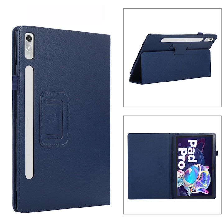 Husa tableta pentru Lenovo Tab P11 Pro Gen 2, piele cu textura granulata, suport, capac magnetic, protectie completa, Albastru inchis