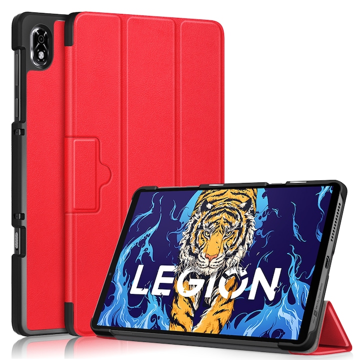 Husa tableta pentru Lenovo Legion Y700, piele texturata, design cu 3 plieri, catarama magnetica, Rosu