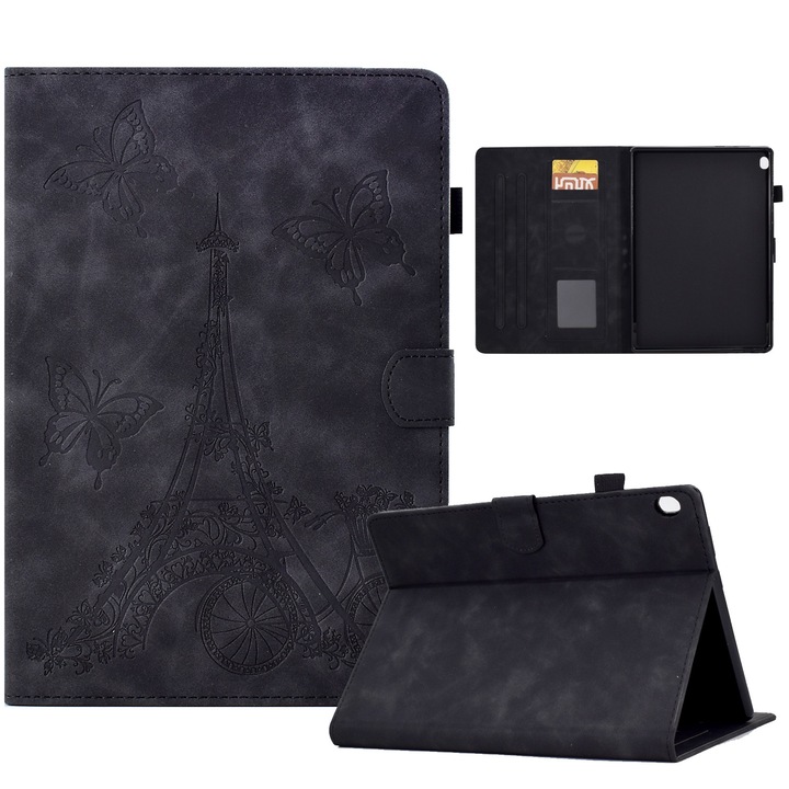 Husa tableta pentru Lenovo M10 Tower, piele embosata, tip carte cu suport, incuietoare magnetica, acces complet la porturi, negru