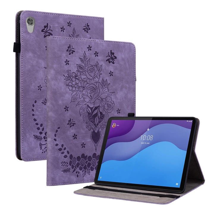 Husa tableta pentru Lenovo Tab M10 HD 2nd Gen TB-X306X, piele embosata cu fluturi si trandafiri, tip carte, inchidere magnetica, violet