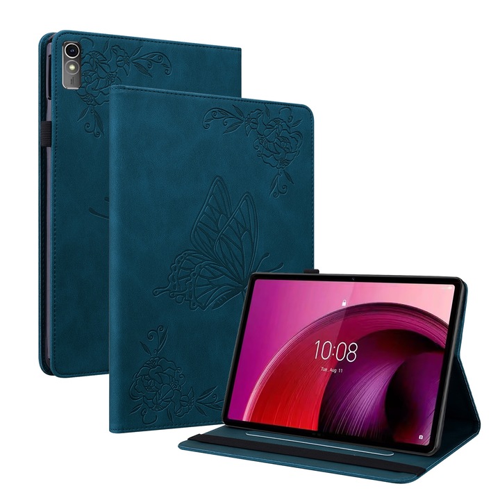 Husa tableta pentru Lenovo Tab M10 5G 10.6 inch, piele gravata cu flori si fluturi, tip carte cu suport, inchidere magnetica, albastru