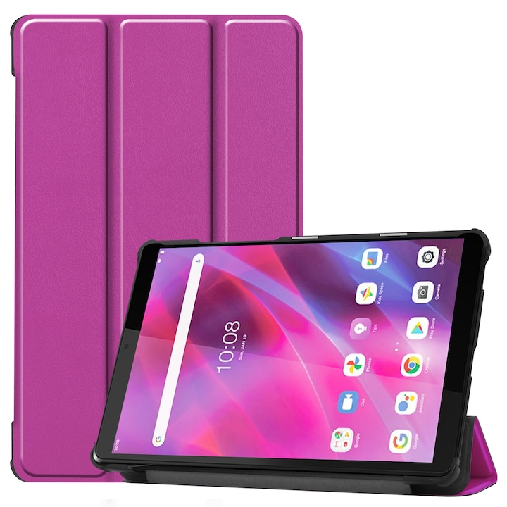 Husa tableta pentru Lenovo Tab M8 Generatia a 3-a, textura striata, capac din piele cu suport in trei pliuri, Mov
