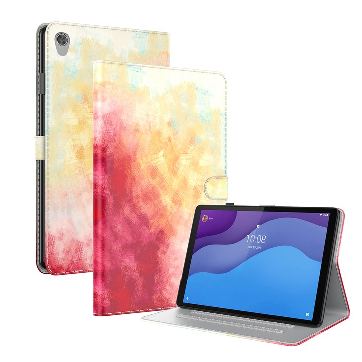 Husa tableta pentru Lenovo Tab M10 HD Gen 2 TB-X306X, TB-X306F 10.1, model Voltage, material piele PU, design cu desen aquarelle, textura moale, capac magnetic, suport orizontal, culoare rosu