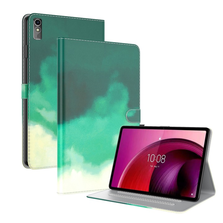 Husa tableta pentru Lenovo Tab M10 5G 10.6 inch, model Flip din piele cu model acuarela, verde cyan