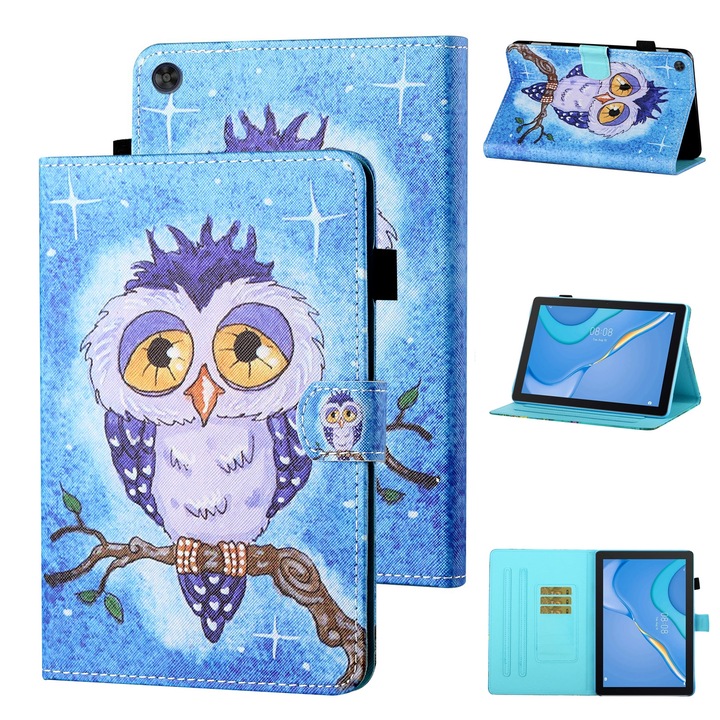 Tablettok Huawei Honor Pad 6 / X6 & Enjoy 2 & MatePad T10 / T10S készülékekhez, színes varrásos dizájn, könyv alakú tartó állvánnyal, PU + TPU bőr, kártyatartók és toll, csúszásgátló anyag, kék háttér baglyokkal