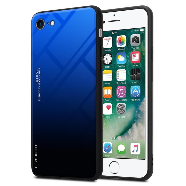 Apple iPhone 6 / Apple iPhone 6s GlassNova sorozatú tok, üveg hátlap, TPU széleken, ujjlenyomat-taszító, ultravékony, fényes felület, átmenetes, ütésálló, kék / fekete