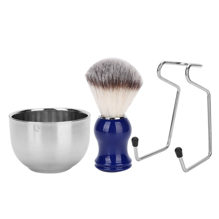 Set 3 accesorii pentru barbierit, din otel inoxidabil, bol, perie, suport, capacitate mare, design practic