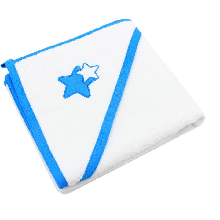 Prosop cu gluga, bumbac, stelute turcoaz inchis, 80 x 100 cm, alb