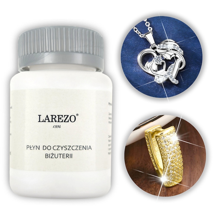 Ékszertisztító folyadék, Larezo, 70 ml, Újrafelhasználható, Illatmentes, Hatékony tisztítás, Visszaadja a fényt, Ezüst és Arany ékszerekhez, 1 Palack