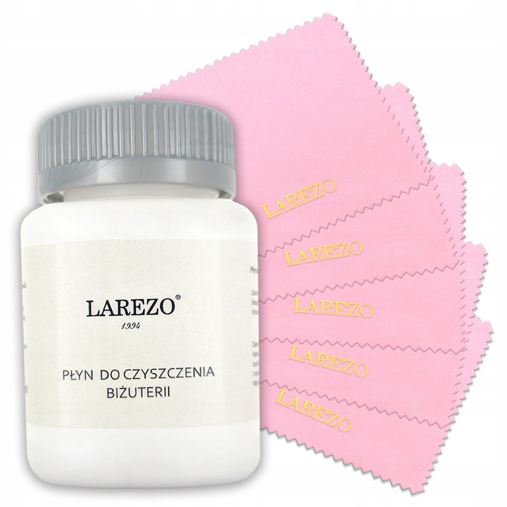 Ékszerápoló Folyékony és Polírozó Kendő Készlet, Larezo, Hatékony Tisztítás, Visszaadja a Fényt, 70 ml, Újrafelhasználható, Illatmentes, 10 x 8 cm, 5 Darab