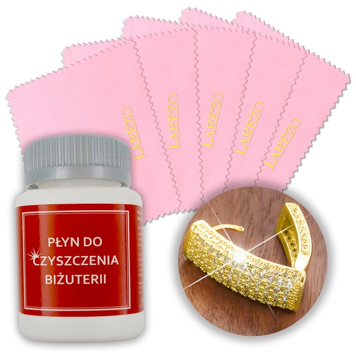 Ékszerápoló Folyadék és Kendő Készlet, Larezo, Hatékony Tisztítás, Visszaadja a Fényt, 70 ml, Újrahasználható, Illatmentes, 10 x 8 cm, Többszínű, 1 Üveg + 5 Darab