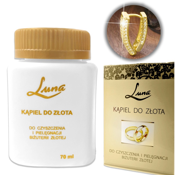 Ékszertisztító, Luna, Hatékony tisztítás, Visszaállítja a fényt, 70 ml, Minden típusú arany ékszerhez, Újrafelhasználható, Illatmentes, 1 üveg