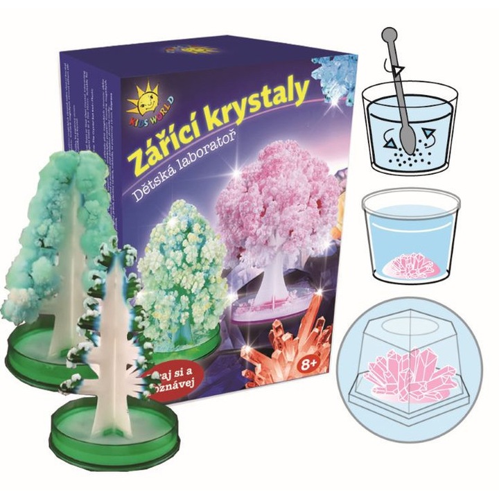 Set laborator pentru cultivarea cristalelor stralucitoare, Kids World, include toate ingredientele necesare, pentru copii 8 ani+