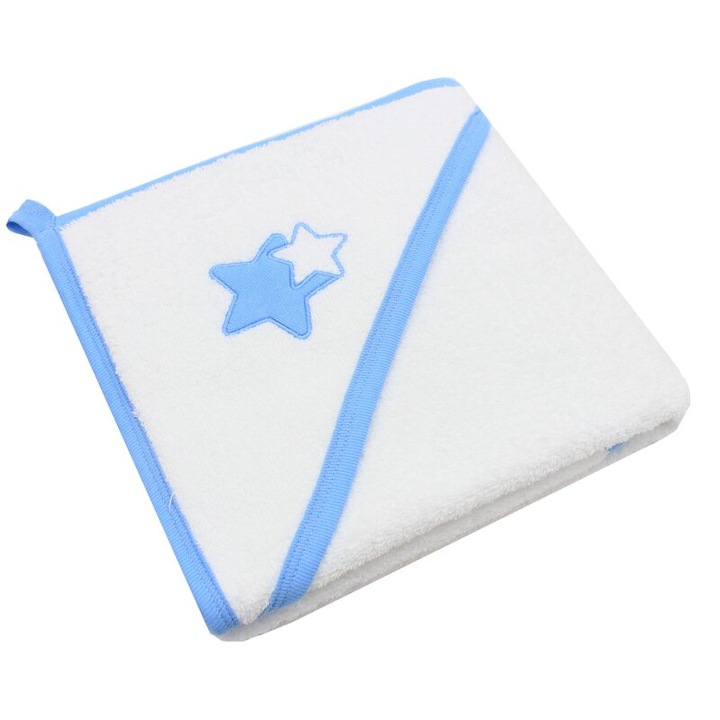 Prosop cu gluga, bumbac, stelute albastre, 80 x 100 cm, alb