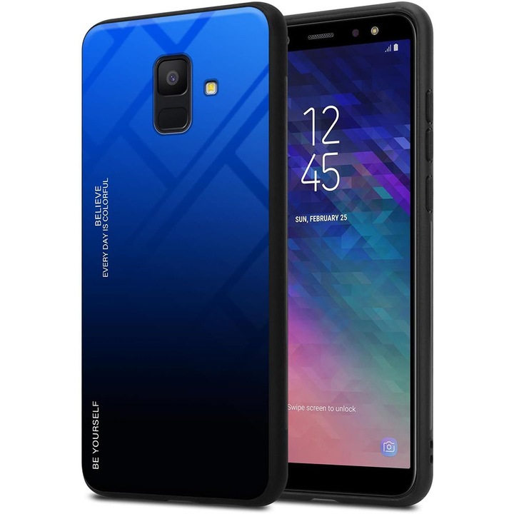 Husa pentru Samsung Galaxy S9 Plus GlassNova Series, Sticla pe Spate, TPU pe Margini, Anti-Amprente, Ultra-Subtire, Finisaj Lucios, Degrade, Anti-Soc, Albastru / Negru