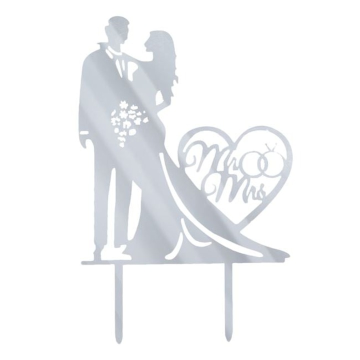 Decoratiune Acrilica pentru Tort de Nunta „Pereche” – 13.5x17.5cm cu pereche de miri argintii cu inima acrilici Mr&Mrs. ANTBRO ®