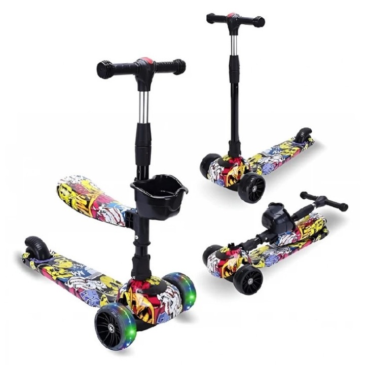 Gyerek roller, összecsukható, "Urban Graffiti", szilikon kerekekkel, üléssel, lámpákkal, állítható kormányszárral, többszínű, Dr Denis