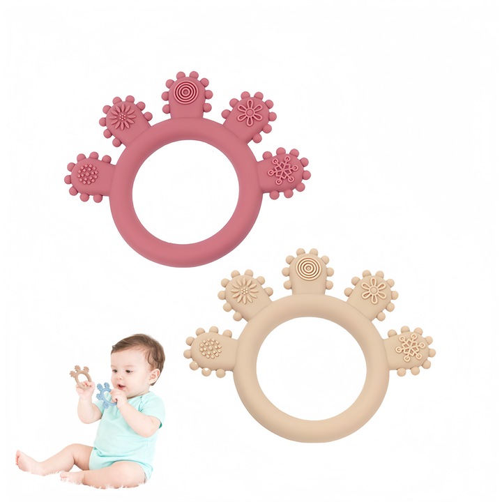 Set 2 jucarii pentru dentitie, silicon natural 100%, bej si roz, usor de prins, pentru bebelusi 3 luni+, QiFeng™