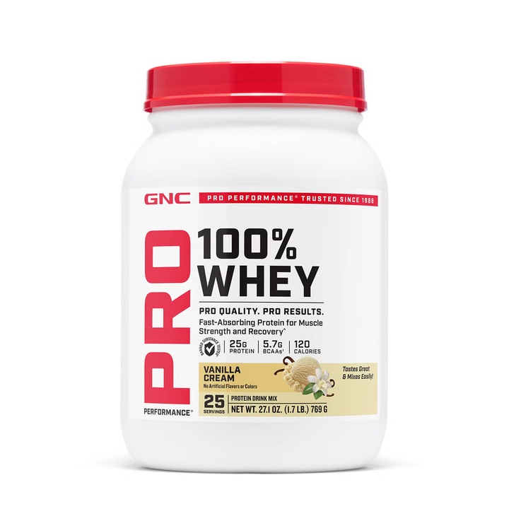 GNC Pro Performance® 100% Whey, proteina din zer cu aroma de vanilie, testata antidoping, 769 g