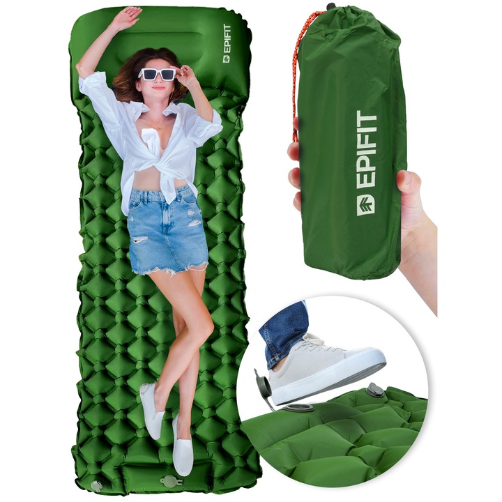 Set Saltea Autoumflatoare Cu Husa Si Patch De Reparare, Epifit, Rest, 190x60x5 cm, Usoara Si Compacta, Autoumflatoare Cu Pompa De Picior Integrata, Perna Integrata, Rezistenta La Murdarie, Verde