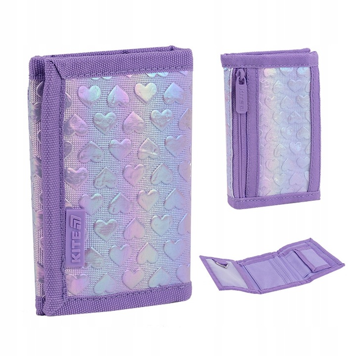 Portofel pentru fete Kite lilac cu inimioare, poliester, 12,7x8,5 cm