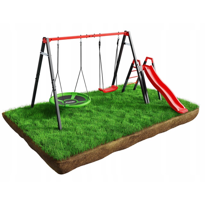 Set Leagan De Gradina Cu Tobogan, K-Sport, Ksoz021, Metal, Greutate maxima 150 kg, Pentru copii, Usor de montat, 3 in 1, Diametru Cuib De Stork: 100 cm, 193 x 297 cm, Multicolor