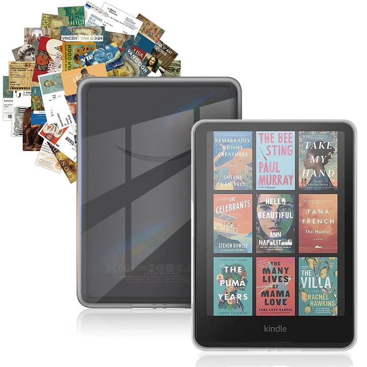 Husa pentru Kindle Paperwhite 12th Generation si Kindle Colorsoft Signature Edition, cu Spate Rigid si Margini Moi, slim ultra-light, transparenta, cu 50 Autocolante de Arta Rezistente la Apa