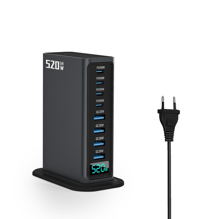 520W OTTOOPPXIN GaN PRO зарядна станция, 8 USB-C и USB-A порта, компактен дизайн, черна, 74x35x108 мм