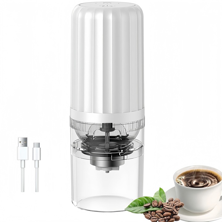 Преносима електрическа мелничка Wacorresi, 25 г, 13 W, регулиране на дебелината, презареждаща се с USB, бяла