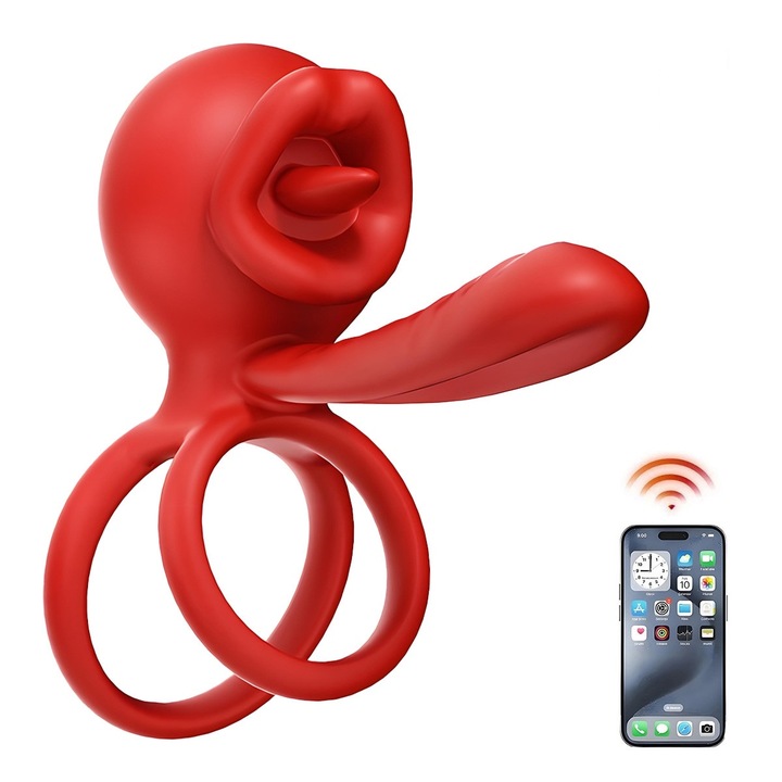 Inel penis, APP telecomanda, 9 moduri de vibratie, 10.6cm, Rezistent la apa, Cu cablu USB de incarcare, Silicon, Rosu