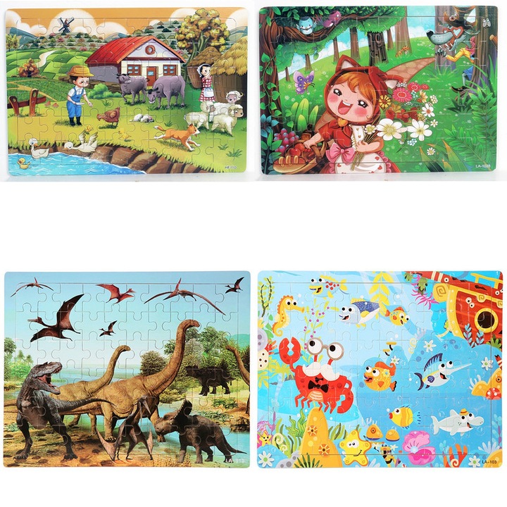 Set puzzle lemn copii 4in1, 240 Piese, Multicolor, 4ani+, ‌puzzle lemn Ferme, Povesti de basme