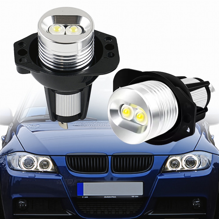 Комплект 2 LED крушки за кола AutoREY Premium, H8 Angel Eyes, 12W DRL CANBUS, Съвместими с BMW Серия 3 E90 E91 NonFacelift 2005-2008, Бяла светлина 6000K, Без грешка за изгоряла крушка, Plug & Play монтаж, Висока яркост, Ниска консумация