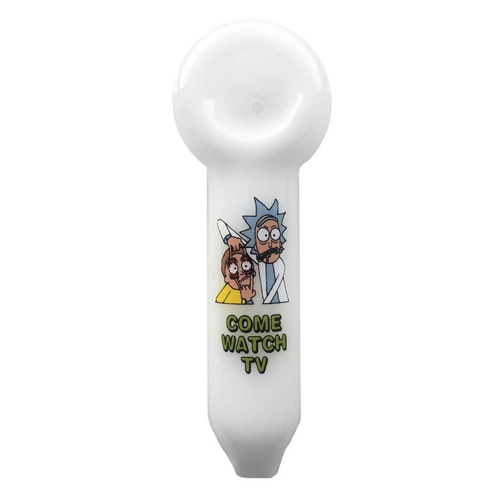 Pipa alba pentru tutun/plante Urban Crew Rick and Morty Come Watch TV sticla borosilicata rezistenta la caldura 12cm