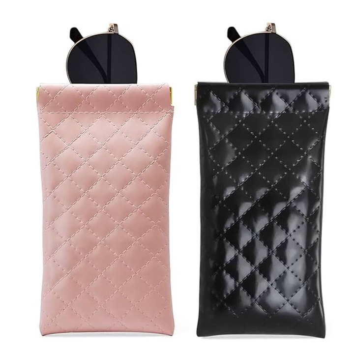 Set de 2 Etuiuri pentru Ochelari, Piele, Negru+Roz, 180x85mm